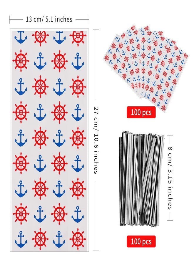 Lecpeting 100 Pcs Nautical Treat Bags Anchors Wheel Print Cellophane Candy Bags Nautical Party Favors with Twist Ties for Theme Birthday Party Supplies - Image 2